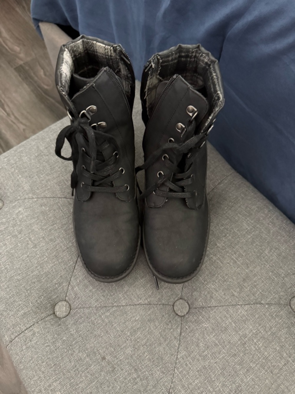DSW Black Lace-Up Ankle Boots with Plaid Lining